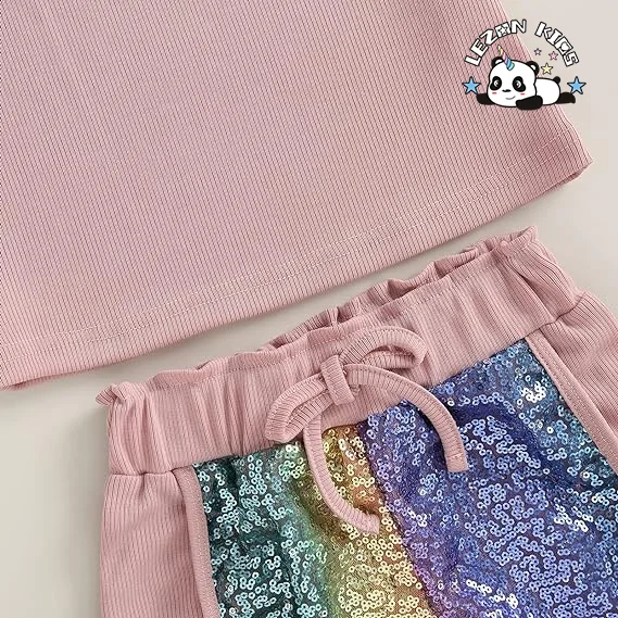 LEZONKIDS - Customizable Gradient Sequin Sleeves T Shirt Sequin Short Girls Summer Sequin Clothing Set